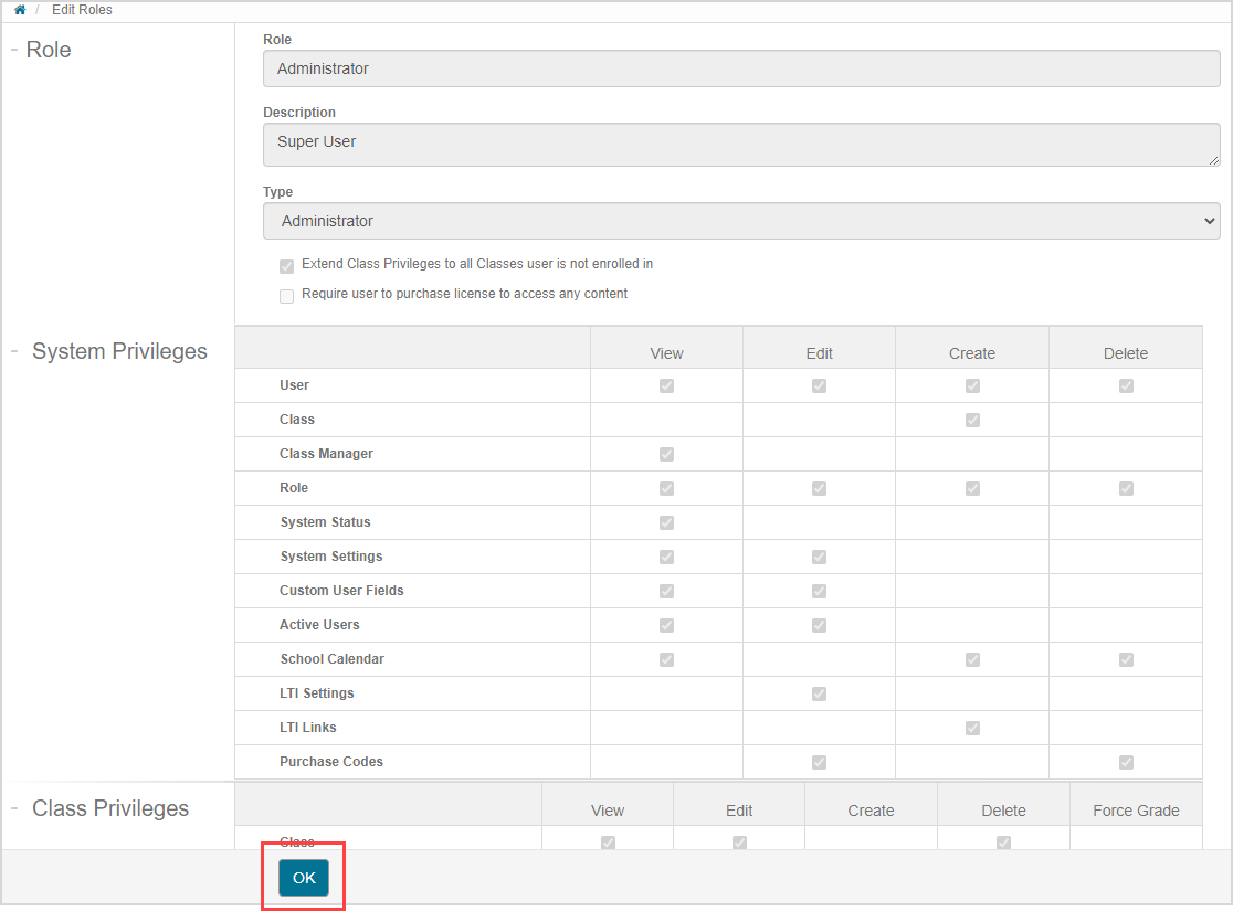 The Edit Roles page is shown and all fields can't be edited. The OK button is highlighted at the bottom of the page.